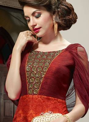 Maroon silk semi stitched wedding three piece gown 2