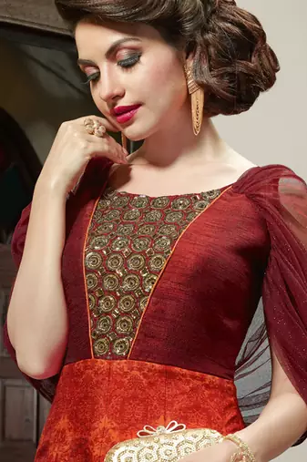 Maroon silk semi stitched wedding three piece gown
