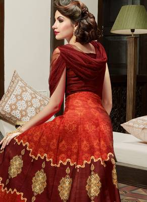 Maroon silk semi stitched wedding three piece gown 3