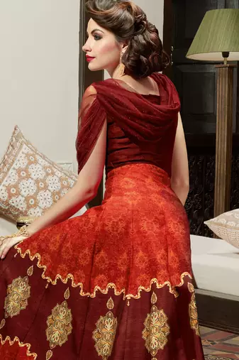 Maroon silk semi stitched wedding three piece gown