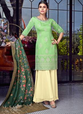 Green silk semi stitched wedding palazzo salwar suit 1