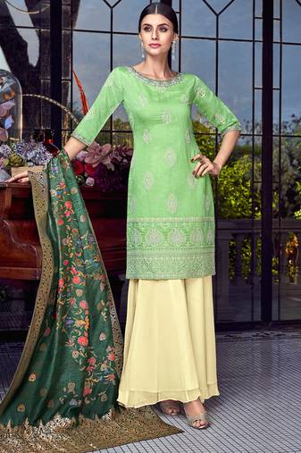 Green silk semi stitched wedding palazzo salwar suit