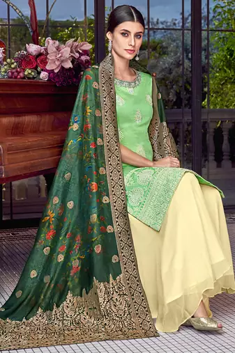 Green silk semi stitched wedding palazzo salwar suit