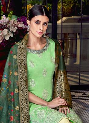 Green silk semi stitched wedding palazzo salwar suit 4