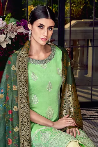 Green silk semi stitched wedding palazzo salwar suit