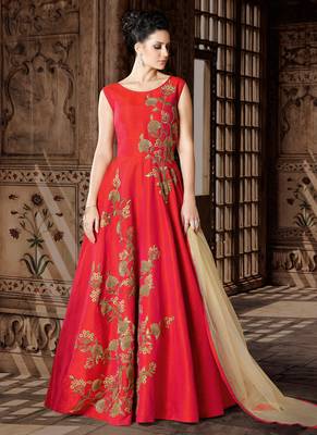 Red silk semi stitched wedding designer gown 1