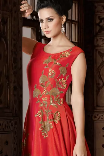 Red silk semi stitched wedding designer gown