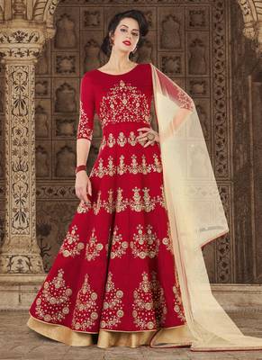 Maroon silk semi stitched wedding gown anarkali 1