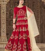 Maroon silk semi stitched wedding gown anarkali
