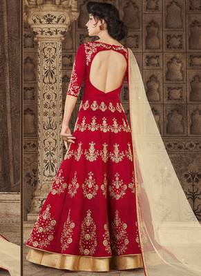 Maroon silk semi stitched wedding gown anarkali 2