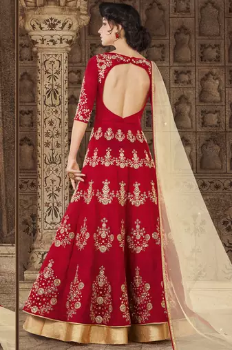 Maroon silk semi stitched wedding gown anarkali