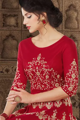 Maroon silk semi stitched wedding gown anarkali