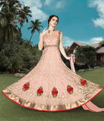 Peach net semi stitched gown anarkali churidar 1