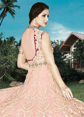 Peach net semi stitched gown anarkali churidar 2