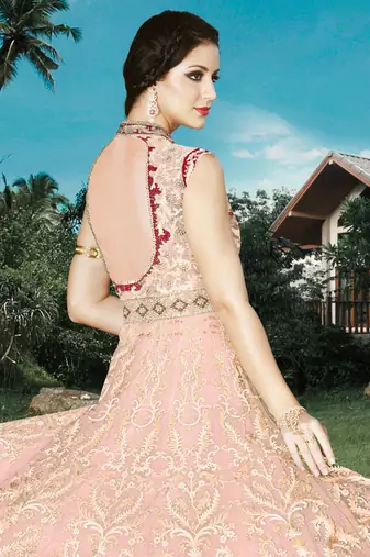 Peach net semi stitched gown anarkali churidar