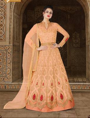 Peach net semi stitched floor length anarkali 1
