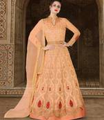 Peach net semi stitched floor length anarkali