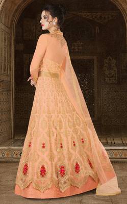 Peach net semi stitched floor length anarkali 2