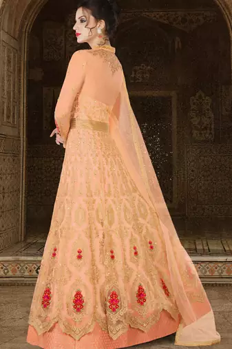 Peach net semi stitched floor length anarkali