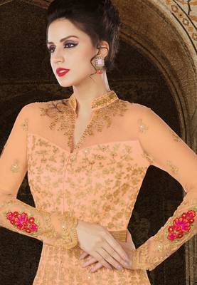 Peach net semi stitched floor length anarkali 3