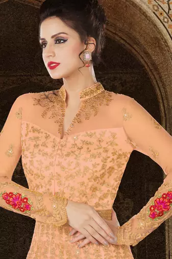 Peach net semi stitched floor length anarkali