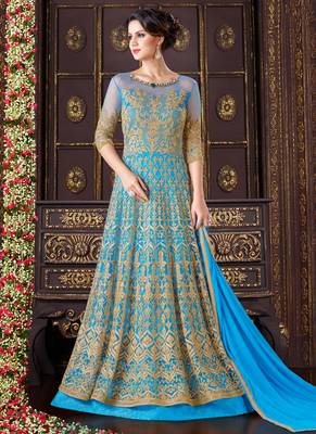 Turquoise net semi stitched wedding gown anarkali 1