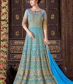 Turquoise net semi stitched wedding gown anarkali