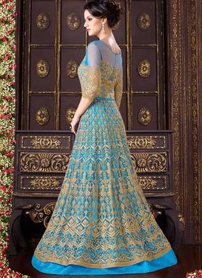 Turquoise net semi stitched wedding gown anarkali 2