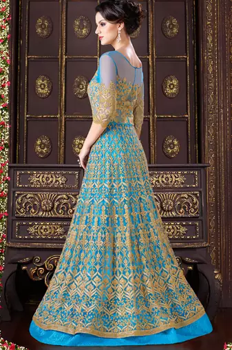 Turquoise net semi stitched wedding gown anarkali