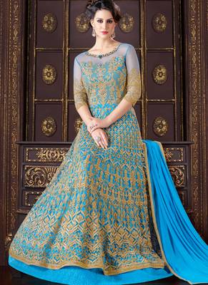 Turquoise net semi stitched wedding gown anarkali 3