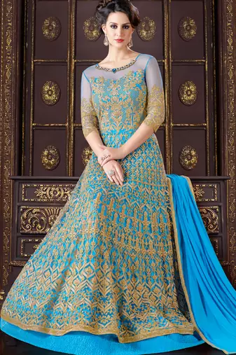 Turquoise net semi stitched wedding gown anarkali
