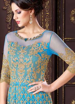 Turquoise net semi stitched wedding gown anarkali 4