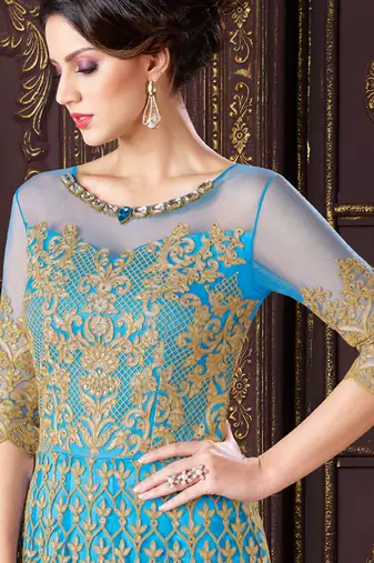 Turquoise net semi stitched wedding gown anarkali