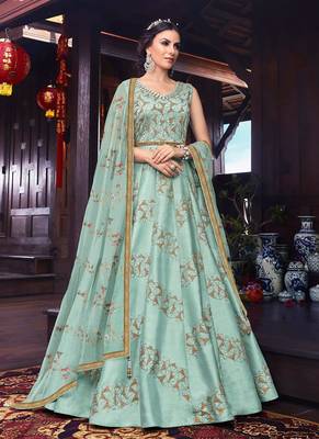 Green silk semi stitched wedding floor length anarkali 1