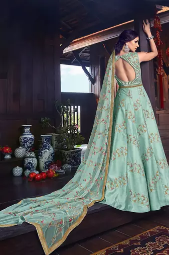 Green silk semi stitched wedding floor length anarkali