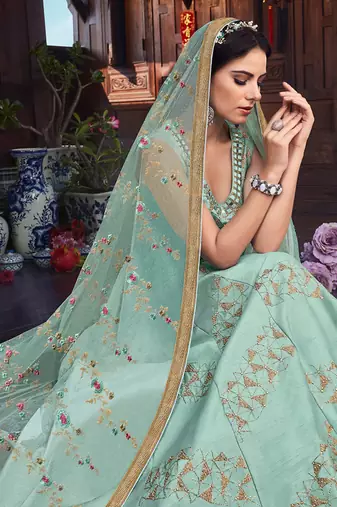 Green silk semi stitched wedding floor length anarkali
