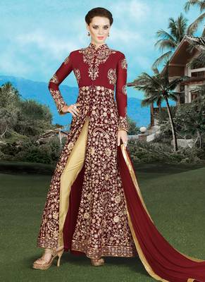 Maroon georgette semi stitched wedding abaya anarkali 1
