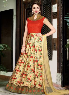 Beige satin silk net semi stitched wedding three piece gown 1