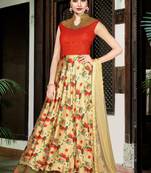 Beige satin silk net semi stitched wedding three piece gown