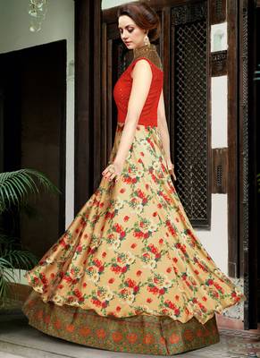 Beige satin silk net semi stitched wedding three piece gown 2