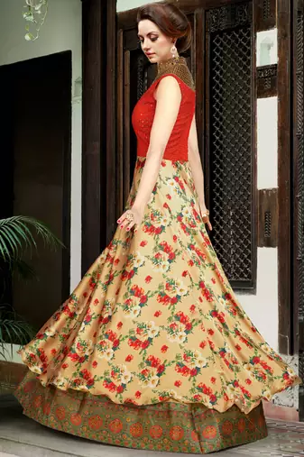 Beige satin silk net semi stitched wedding three piece gown