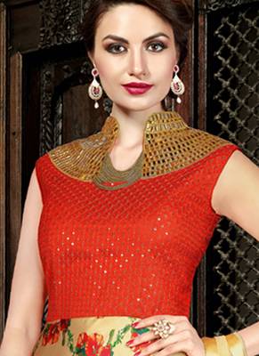 Beige satin silk net semi stitched wedding three piece gown 3