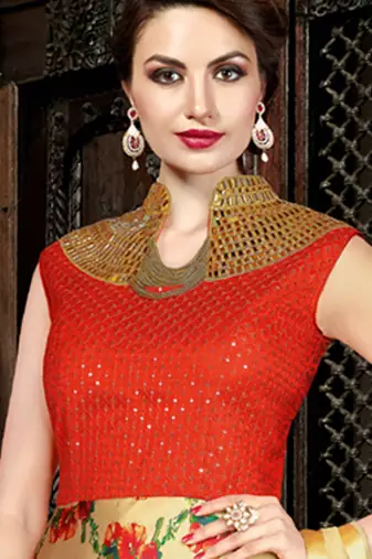 Beige satin silk net semi stitched wedding three piece gown