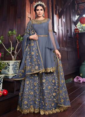 Grey net semi stitched wedding sharara kameez 1
