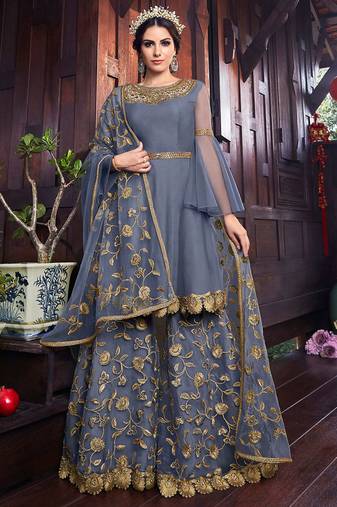 Grey net semi stitched wedding sharara kameez