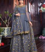Grey net semi stitched wedding sharara kameez