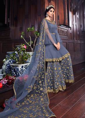 Grey net semi stitched wedding sharara kameez 2