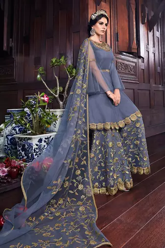 Grey net semi stitched wedding sharara kameez