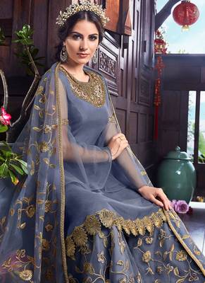 Grey net semi stitched wedding sharara kameez 3