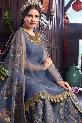 Grey net semi stitched wedding sharara kameez